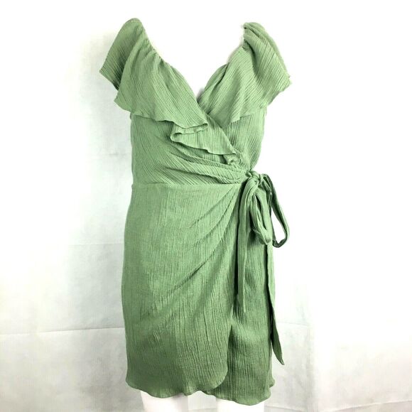 Free People Dress Womens Sz‎ S Green Ruffled Crinkle Mini Wrap Sundress V-Neck - Picture 1 of 11